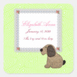 Girly Puppy Dog Baby Girl Birth Announcement Square Stickers