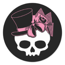 Girly Skull with Hat and Pink Bow Round Sticker