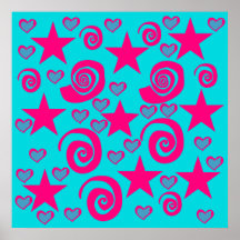Girly Teal Blue Hot Pink Stars Hearts Swirls Poster