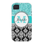 Girly, Teal, Glitter Black Damask Personalised Case-Mate iPhone 4 Cases