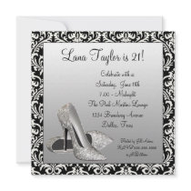 Glitter High Heels Black Damask Birthday Party Personalized Announcements