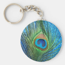 Glittery Blue Peacock Feather Still Life Keychains