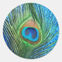 Glittery Blue Peacock Feather Still Life Round Sticker