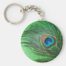 Glittery Green Peacock Feather Still Life Keychain