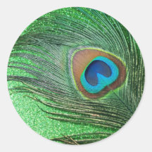 Glittery Green Peacock Feather Still Life Round Stickers