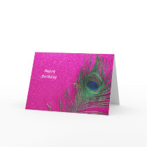Glittery Pink Peacock Feather Greeting Card