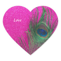 Glittery Pink Peacock Feather Heart Stickers