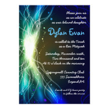Glowing Neon Stars Bar Mitzvah Invitation blue