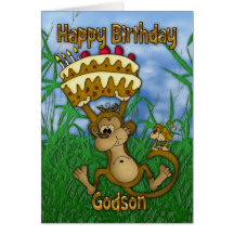 Godson Happy Birthday with monkey holding cake Greeting Card