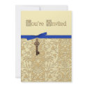 Gold 3D Damask with Key Charm and Bow Invite invitations
