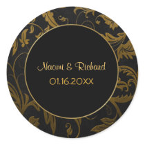 Gold and Black Damask Wedding Seal - Customise Round Sticker