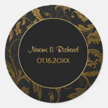 Gold and Black Damask Wedding Seal - Customise Round Sticker