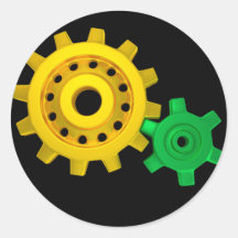 Gold and green gears round sticker