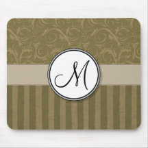 Gold and Tan Floral Wisps & Stripes with Monogram Mouse Pad