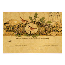 Gold Birdcage Damask Acorn Vintage Love Birds RSVP Custom Announcements