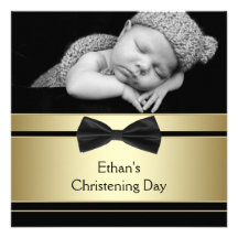 Gold Black Bow Tie Baby Boy Photo Christening Custom Invitations