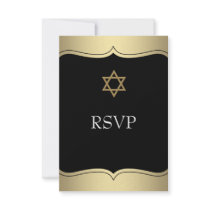 Gold Black Star of David Bar Mitzvah RSVP Personalized Invites