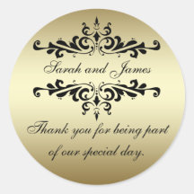 Gold Black Swirls Thank You Wedding Favour Sticker