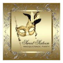 Gold Black White Sweet Sixteen Masquerade Party Personalised Announcements