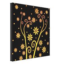 Gold Blooming Flowers on Black Background Canvas Gallery Wrap Canvas