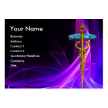 GOLD CADUCEUS IN BLUE PINK PURPLE LIGHT WAVES BUSINESS CARD TEMPLATE