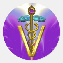 GOLD CADUCEUS VETERINARY SYMBOL Pink Purple Round Stickers