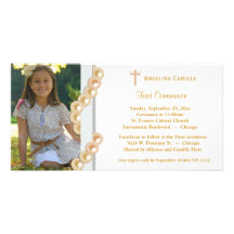 Gold Damask Pearls First Communion Photo Invite Picture Card