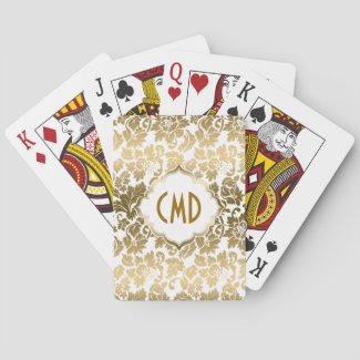 Gold Floral Damask Over White Background Deck Of Cards