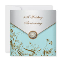 Gold Flower Pearl Teal 50th Wedding Anniversary Invitation