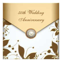 Gold Flower Pearl White 50th Wedding Anniversary Custom Announcements