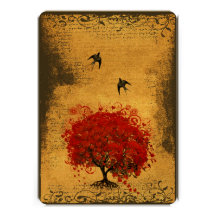 Gold Heart Leaf Red Tree Vintage Birds Wedding Announcement