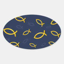 Gold Ichthus Pattern on Navy Blue Background Oval Sticker