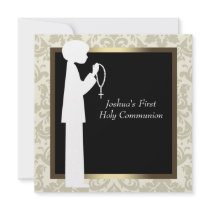 Gold Ivory Damask Rosary Boys First Communion Invite