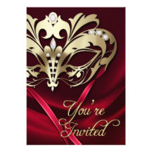 Gold Masquerade Red Jewelled Party Invitation