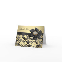 Gold Pearl Diamonds Black Damask Thank You Cards