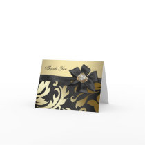 Gold Pearl Diamonds Black Damask Thank You Cards