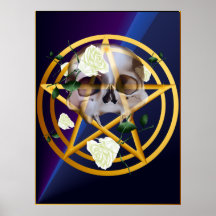 Gold Pentagram-Skull-White Roses Posters