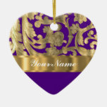 Gold & purple floral damask pattern christmas ornaments