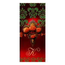 GOLD RED CORAL ROSES, BLUE BLACK DAMASK MONOGRAM INVITATION
