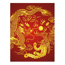 Gold Red Dragon Phoenix Chinese Wedding Favour Postcards