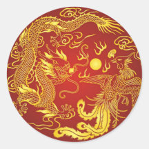 Gold Red Dragon Phoenix Chinese Wedding Favour Round Stickers