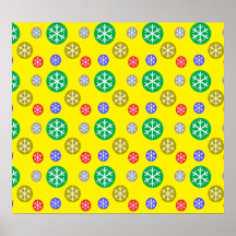 Gold silver red green snowflakes on yellow poster