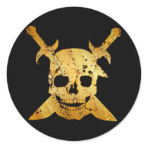 GOLD SKULL WITH SWORDS ROUND STICKER