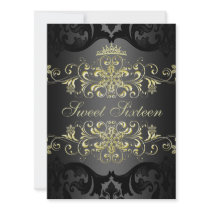 Gold Sweet16 Elegant Tiara Damask Birthday Invite
