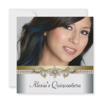 Gold White Photo Quinceanera Personalized Invitation