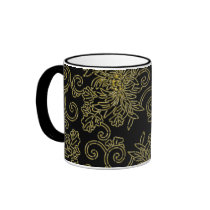Golden chrysanthemum on black (japanese design) coffee mugs