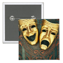Golden comedy and tragedy masks on patterned buttons