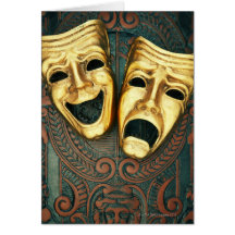 Golden comedy and tragedy masks on patterned greeting cards