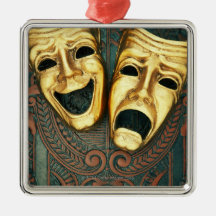 Golden comedy and tragedy masks on patterned christmas tree ornament