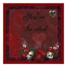 Gothic Skulls Roses & Hearts Black & Red Birthday Personalized Invites